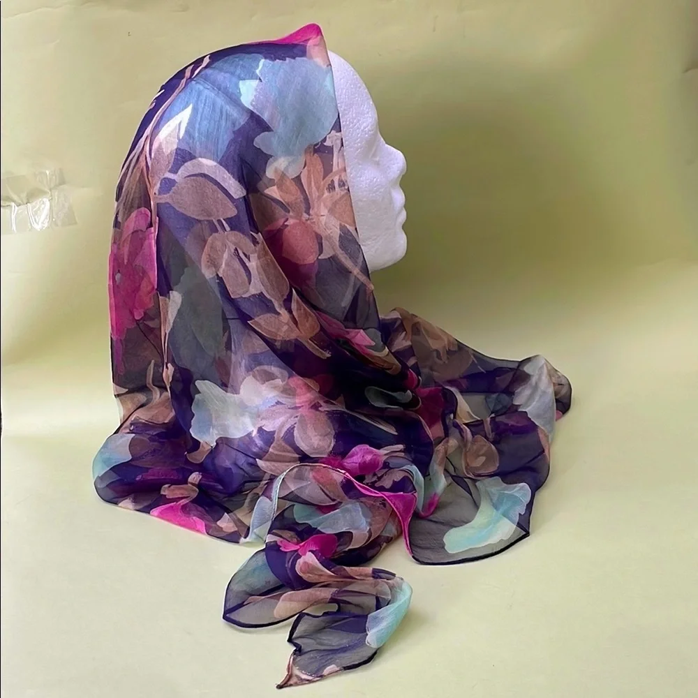 Multicolored Vintage Floral Chiffon Large Scarf